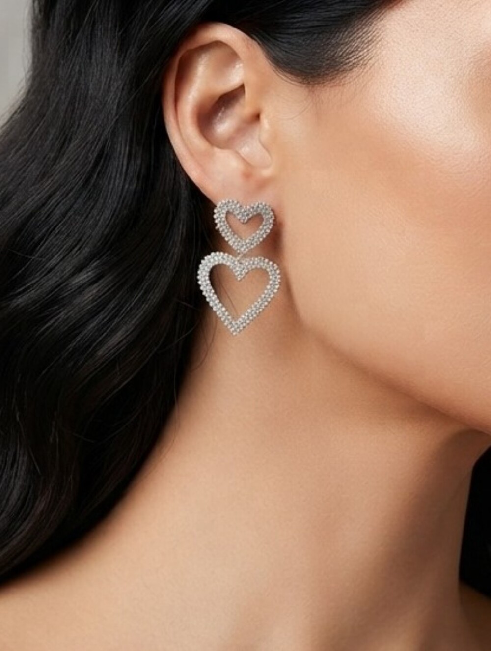 Silver Heart Rhinestone Earrings Double Heart Dangle Earrings